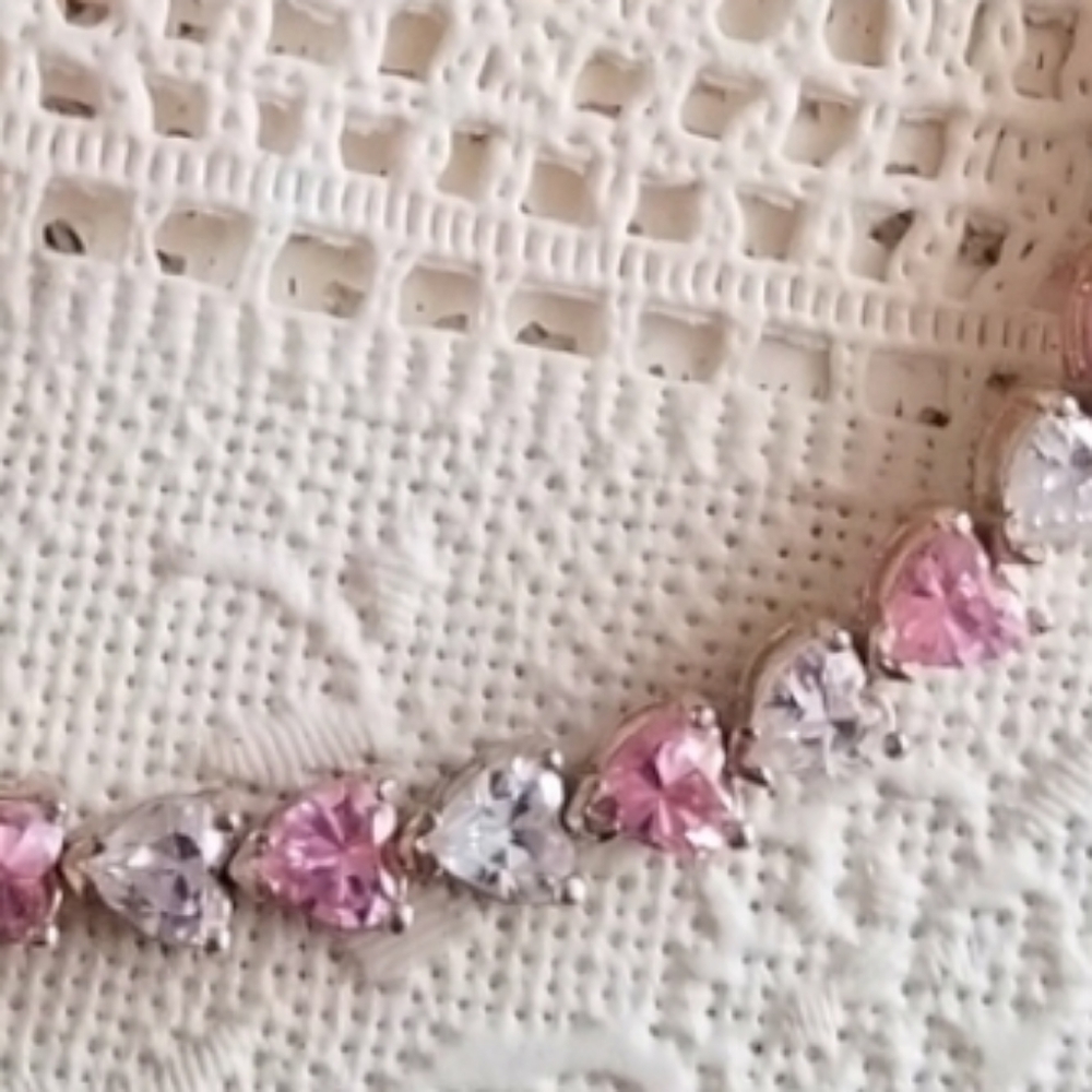 Sterling Silver CZ Diamond Cut Hearts Tennis Bracelet Pink & Clear Vintage